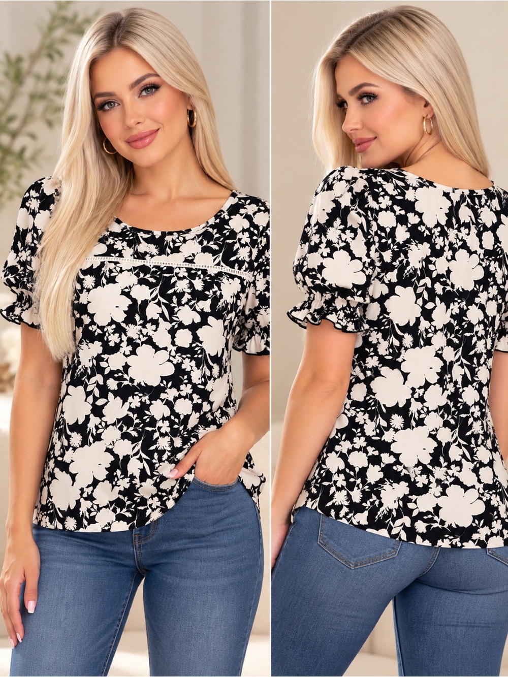W5 Black and White Floral Puff Sleeve Blouse